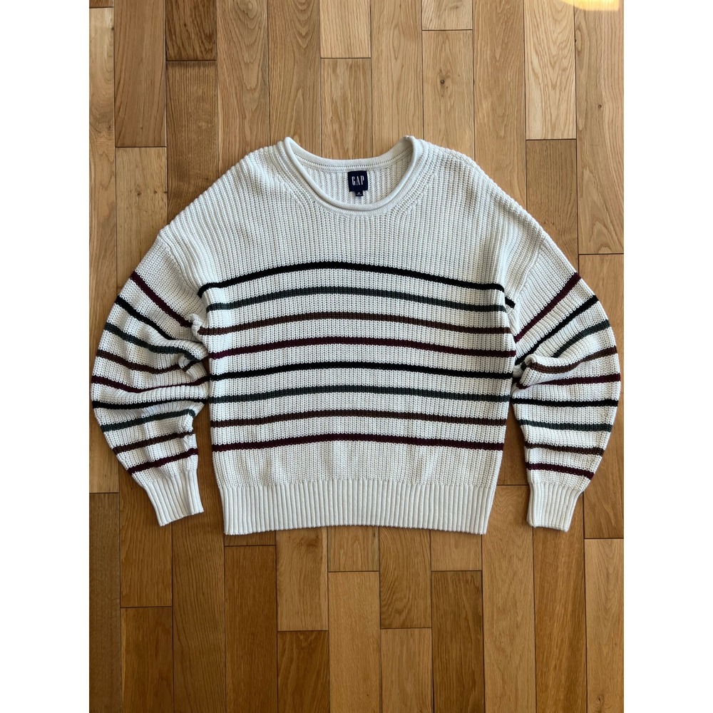 GAP Roll Neck Striped Cream Knit Pullover Sweater 100% Cotton Oversized Size M